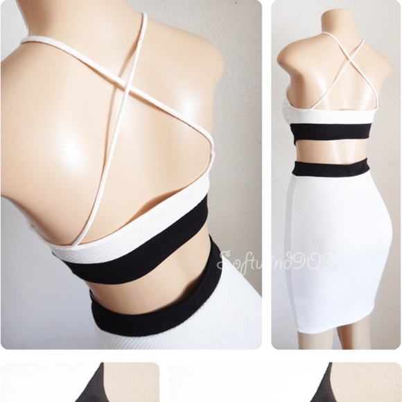 White Black High Neck Cutout Midi Bodycon Dress - Picture 5 of 8